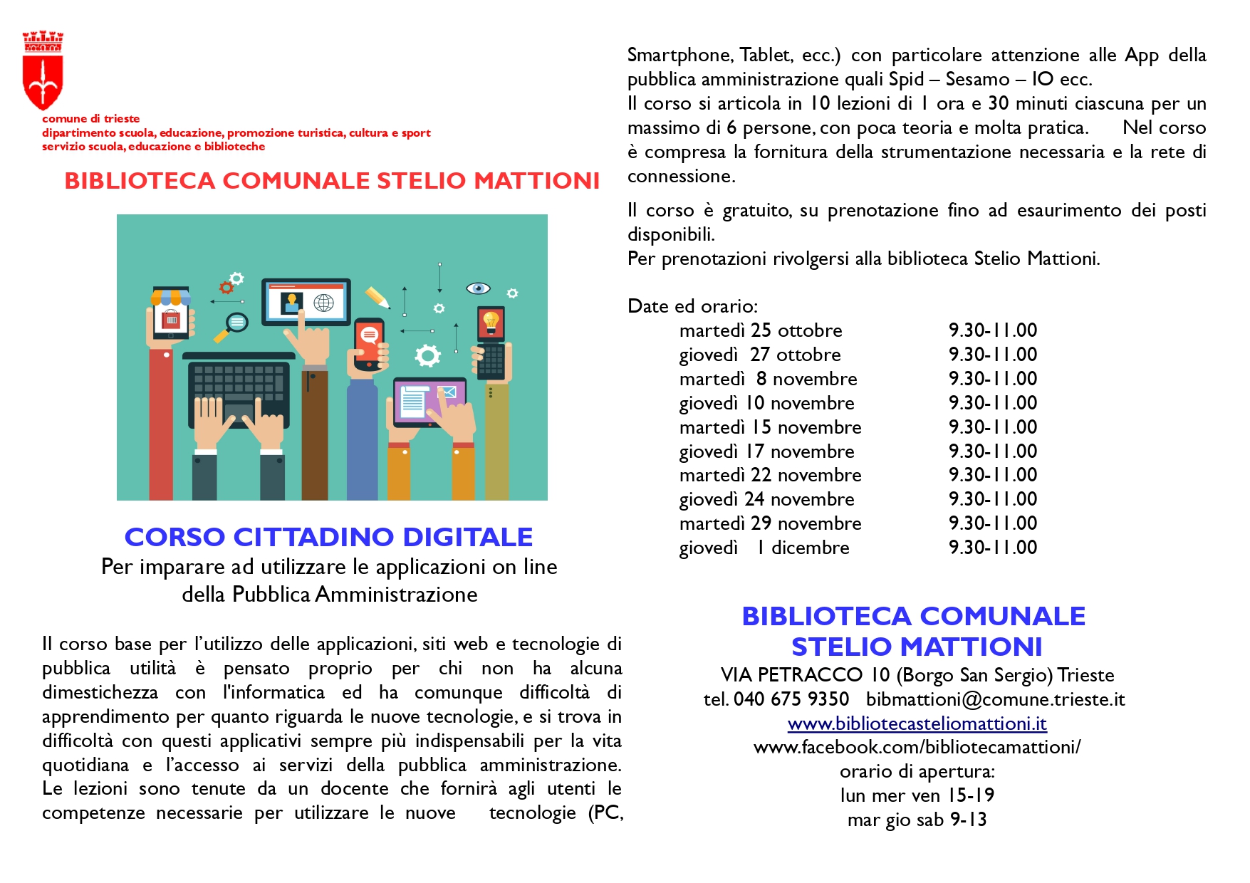 CORSO base gratuito di alfabetizzazione informatica alla biblioteca comunale  Stelio Mattioni