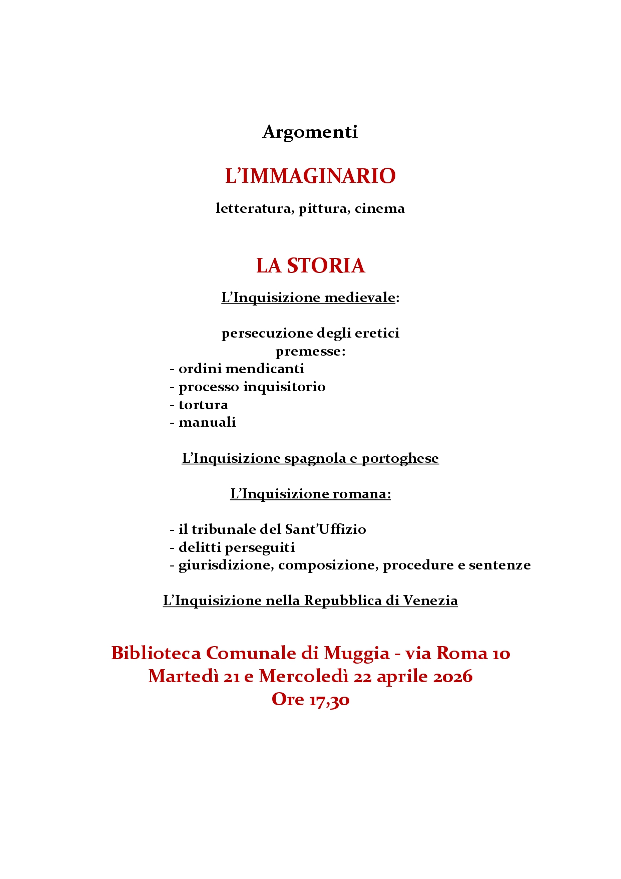 L'Inquisizione, dall'immaginario alla storia - Due incontri con Giuliana Ancona e Dario Visintin